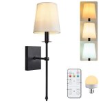 Autrucker Wandlampe Aufladbbar mit Fernbedienung, 3 Dimmbare Farbtöne, Weißer Stoffschirm E27