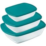 Set 3 Vasche Rettangolari Pyrex Cook & Store Vetro Borosilicato Coperchi Blu
