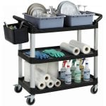 Homcom Carro De Limpieza Con Ruedas 3 Estantes 2 Contenedores Cubo Lateral Negro