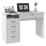 Scrivania Aosom Moderna 110x50x76cm Bianca 5 Cassetti Serratura Chiavi