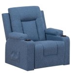 Sillón Relax De Tela Para Salón Con Respaldo Ajustable Manual, Reposapiés Extraíble, Giro 360°, Portavasos, Bolsillos Laterales Y Diseño Ergonómico - Azul
