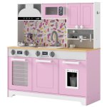 Cozinha de brinquedo em madeira Aiyaplay com máquina de gelo rosa