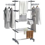 Tendedero Vertical Plegable Homcom 4 Niveles 6 Ruedas Gris y Plata