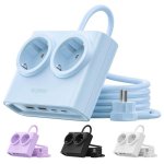 Régua de tomadas Orico PDC 6 em 1 2 USB-C PD 25W 2 USB-A cabo 1,6 m azul