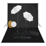 vidaXL Kit de Estúdio Fotográfico 2 Holofotes + Fundo + Refletor + Guarda-chuva