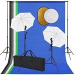 VidaXL Kit Estúdio Fotográfico Lâmpadas, Chapéus de Sol, Fundo e Refletor