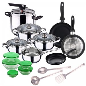 Batería Cocina 7 piezas acero inoxidable olla presion 7l 3 utensilios de en set sartenes 162024 cms. aluminio prensado 5pcs. boles cristal con tapas color 7pcs ø162024 5