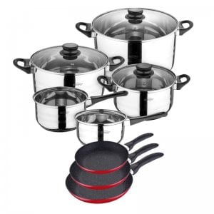 San Ignacio Red&Marble Batería de Cocina 8 Piezas + Set 3 Sartenes Rojas