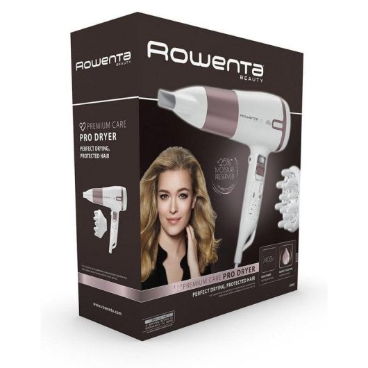 Sèche-cheveux Ionique Professionnel Rowenta Premium Care Pro CV7460F0 2400W 3 Températures 2 Vitesses avec Diffuseur et Concentrateur Rose Or Blanc