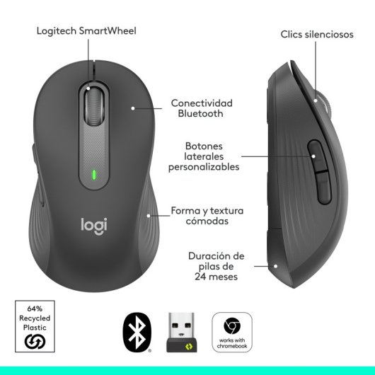 Logitech Signature M650 Ratón Bluetooth para Manos Pequeñas a Medianas, Clics Silenciosos Gris