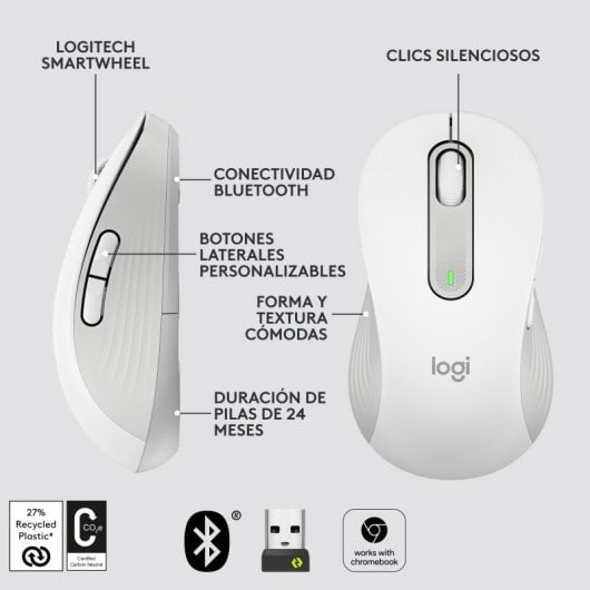 Logitech Signature M650 mouse Mancino RF senza fili + Bluetooth Ottico 2000 DPI Bianco