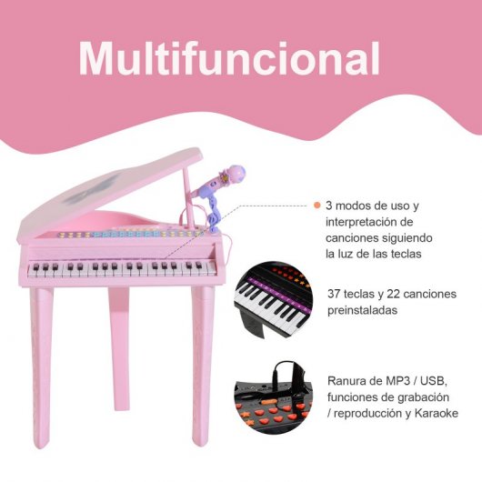 HOMCOM Piano Infantil 37 Teclas ElectróNiño Micrófono Luces USB/MP3 Karaoke