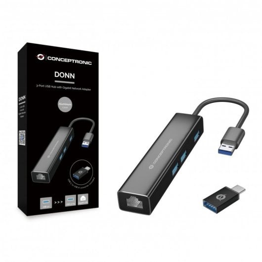 Conceptronic DONN07BA HUB 3 Puertos USB 3.0 con Adaptador Red Gigabit + Adaptador USB-C