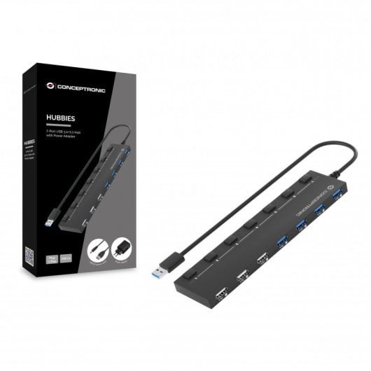 Conceptronic HUBBIES09BP HUB USB 3.0 4x Puertos 3.0/3x Puertos 2.0 con Interruptores + Adaptador