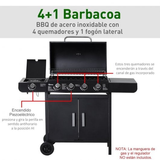 Outsunny Barbacoa de Gas 4+1 Quemadores