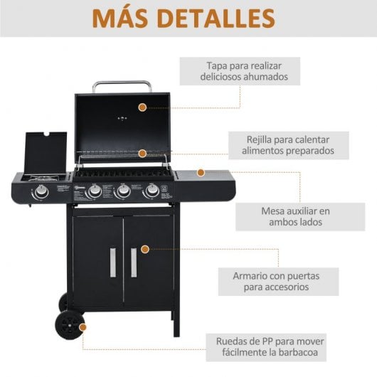 Outsunny Barbacoa de Gas 3+1 Quemadores