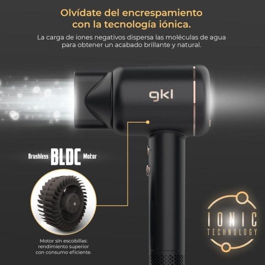 Phon Ionico Professionale GKL Beauty Onyx Smart 1600W 4 Temperature 3 Velocità LED Nero con Diffusore e Concentratore