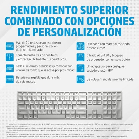 HP 970 Teclado Inalámbrico Bluetooth Plata