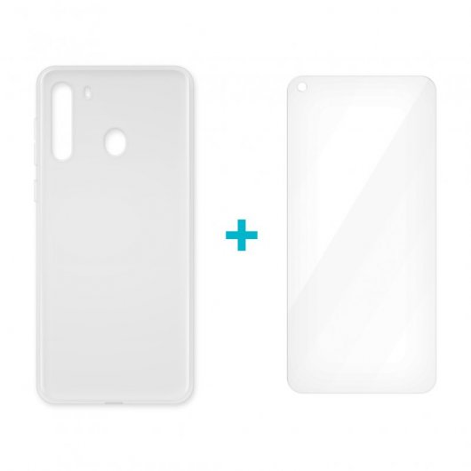 Icoveri Pack Funda Gel TPU Antigolpes Transparente + Cristal Templado 9H para Samsung Galaxy A21