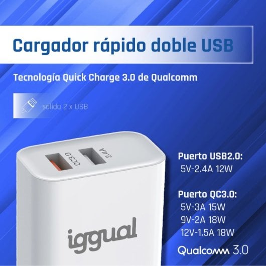 Mobiele oplader Iggual 2xUSB Quickcharge 3.0 30W wit