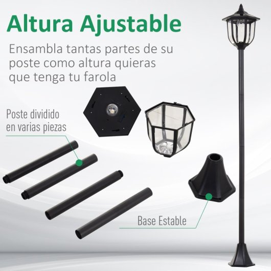 Outsunny Farola Solar Exterior 6 LEDS y Autonomía de 6-8 Horas Automática