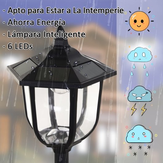 Outsunny Farola Solar Exterior 6 LEDS y Autonomía de 6-8 Horas Automática