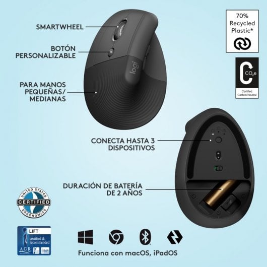 Logitech Lift Left Mouse Ergonomico Verticale, per Mancini, Senza Fili, Bluetooth o Logi Bolt USB, Clic Silenziosi, 4 Tasti, Compatibile con Windows / macOS / iPadOS, Laptop, PC. Grafite