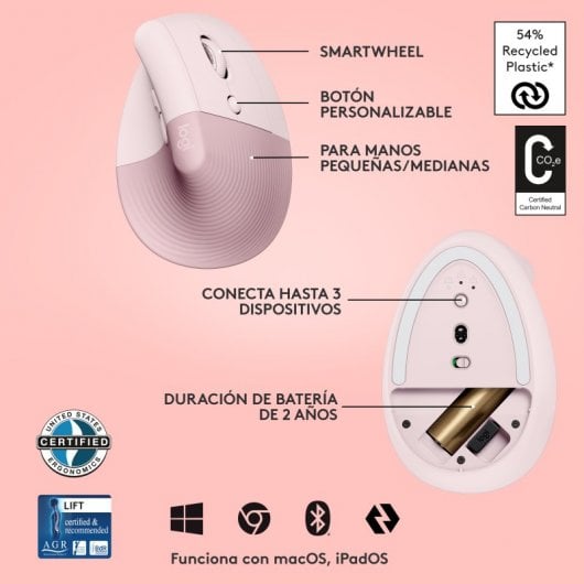 Logitech Lift Mouse Ergonomico Verticale, Senza Fili, Ricevitore Bluetooth o Logi Bolt USB, Clic Silenziosi, 4 Tasti, Compatibile con Windows / macOS / iPadOS, Laptop, PC. Rosa