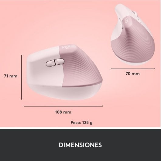 Logitech Lift Mouse Ergonomico Verticale, Senza Fili, Ricevitore Bluetooth o Logi Bolt USB, Clic Silenziosi, 4 Tasti, Compatibile con Windows / macOS / iPadOS, Laptop, PC. Rosa