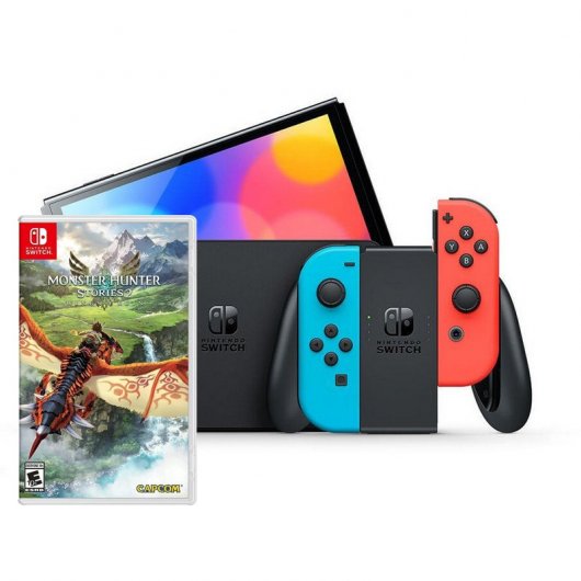 Nintendo Pack Switch OLED Azul Neón/Rojo Neón + Monster Hunter Stories 2