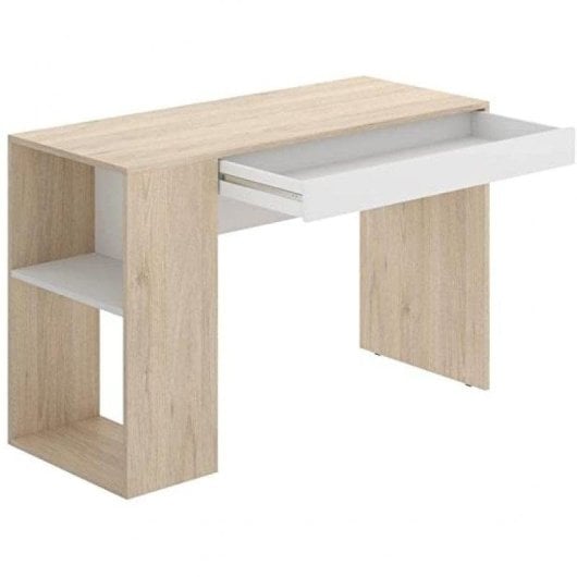 Escritorio Dekit Teo Blanco y Natural con Estante y Cajón Melamina Alta Resistencia