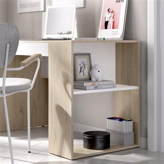 Escritorio Dekit Teo Blanco y Natural con Estante y Cajón Melamina Alta Resistencia