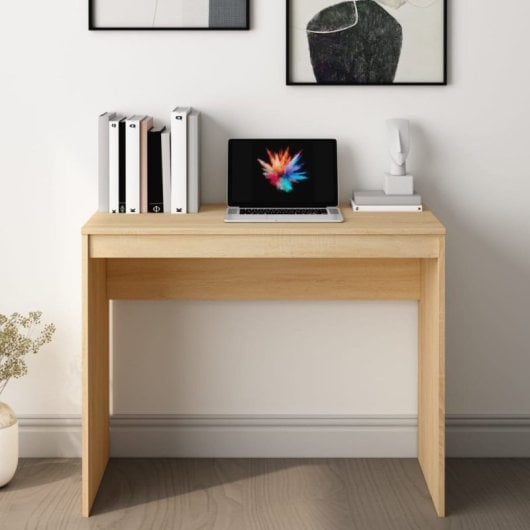 vidaXL Escritorio de madera contrachapada color roble 90x40x72 cm