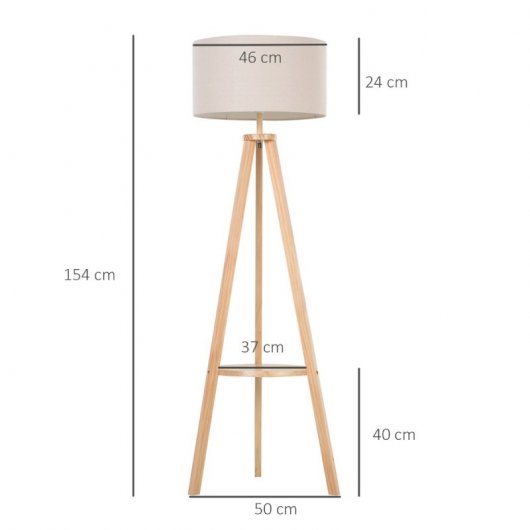 Homcom Candeeiro de pé de madeira E27 40w Base tripé com botão de pé 154 cm