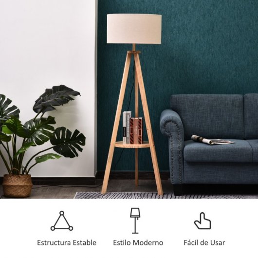 Homcom Candeeiro de pé de madeira E27 40w Base tripé com botão de pé 154 cm