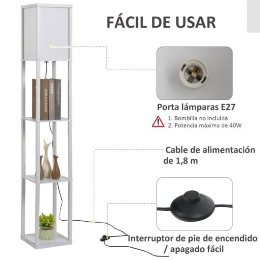 Homcom Lámpara De Pie Con 3 Estantes Para Bombilla E27 Potencia Máx. 40w Blanco