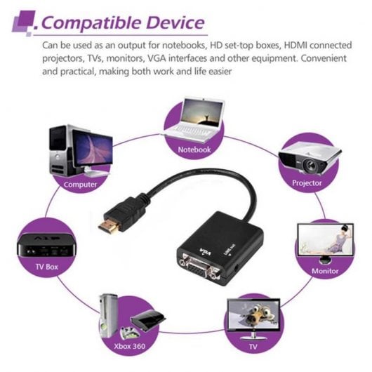 OcioDual Câble adaptateur HDTV vers VGA Convertisseur numérique vers analogique Prise audio 3,5 mm Noir
