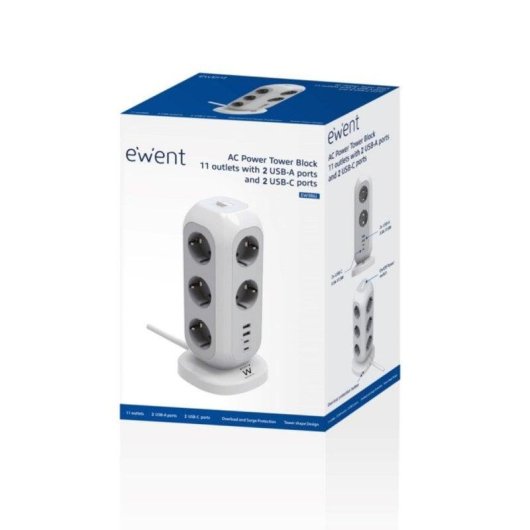 Régua de tomadas Ewent EW3861 Torre 11 Tomadas 2 USB-A 2 USB-C Proteção Interruptor