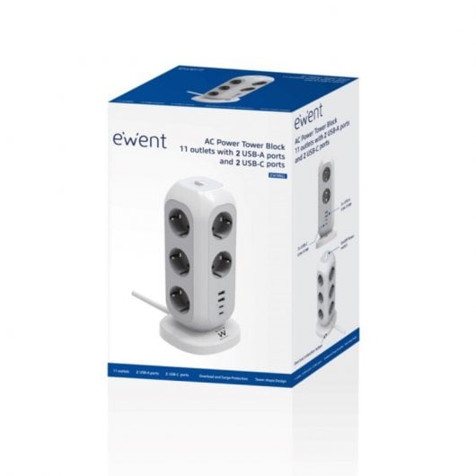 Ewent Régua 11 Tomadas em Torre com 2 Carregadores USB + 2 USB-C