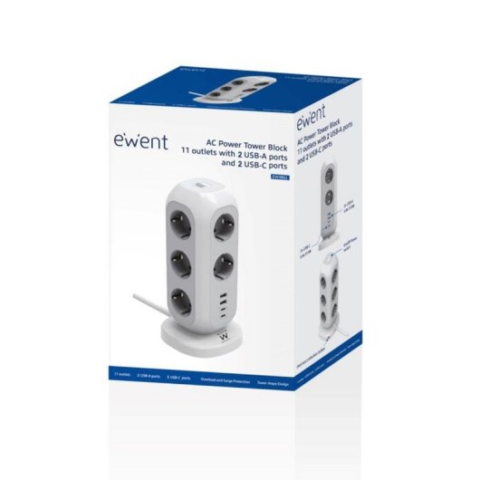 Régua de tomadas Ewent EW3861 Torre 11 Tomadas 2 USB-A 2 USB-C Proteção Interruptor