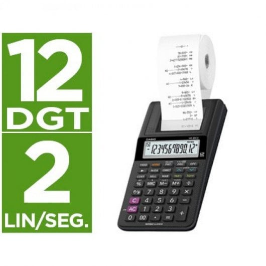 Casio Taschenrechner, Drucker, LCD-Bildschirm, Papier, 58 mm, HR-8RCE, 12 Ziffern, AC/DC-Batterien, Farbe Schwarz