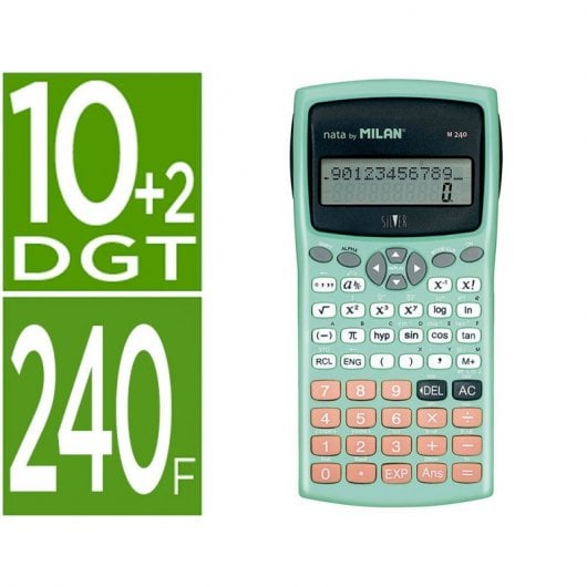 Calculadora Científica Milan M240 Prata 2 Linhas 240 Funções 10+2 Dígitos Verde Turquesa Com Tampa