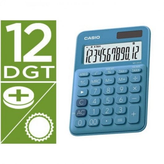 Casio Ms-20uc-bu Calculatrice de bureau 12 chiffres Taxe +/- Couleur Bleu