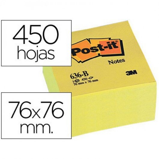 Bloc De Notas Adhesivas Quita Y Pon Post-it 76x76x45 Mm Cubo Colores Amarillo 450 Hojas