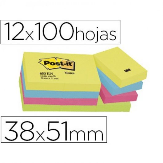 Bloc Notes Adhésif Amovible et Post-it Post-it 38x51 Mm Néon Pack de 12 Blocs Assortis