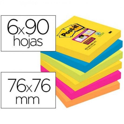 Bloc Notes Adhésif Amovible et Post-it Super Collant 76x76 Mm avec 90 Feuilles Pack de 6 Blocs Couleurs Assorties
