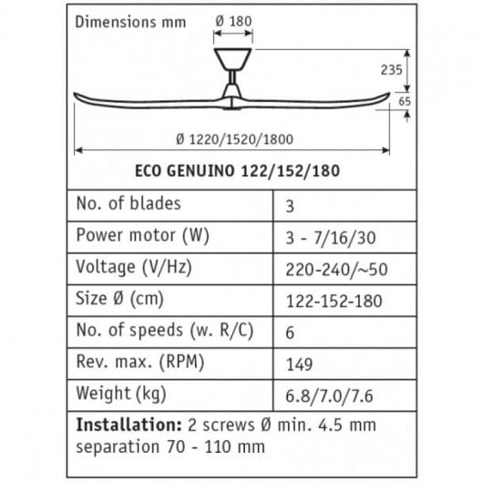Casafan 312216 Eco Ventilatore da Soffitto Originale 122 cm 7 W Legno Massello Naturale/Cromo Satinato
