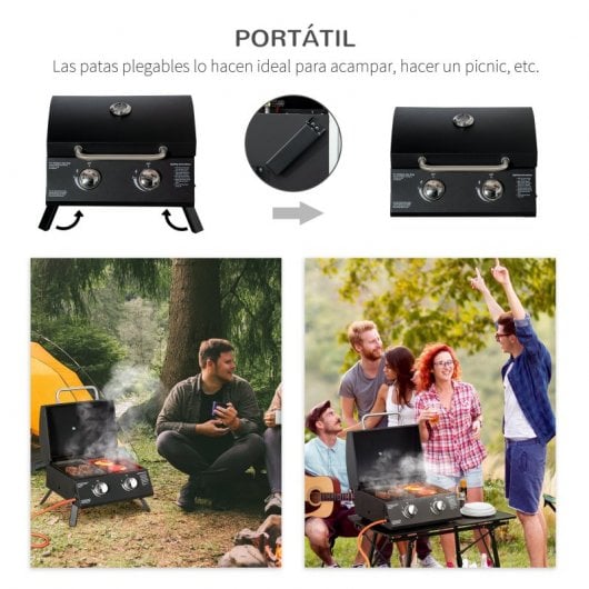 Outsunny Barbacoa De Mesa A Gas Plegable Con 2 Quemadores Tapa Y Parrillas Bbq