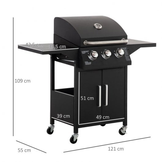 Outsunny Barbacoa De Gas Bbq Con 3 Quemadores 2 Mesas Laterales Armario 4 Ruedas