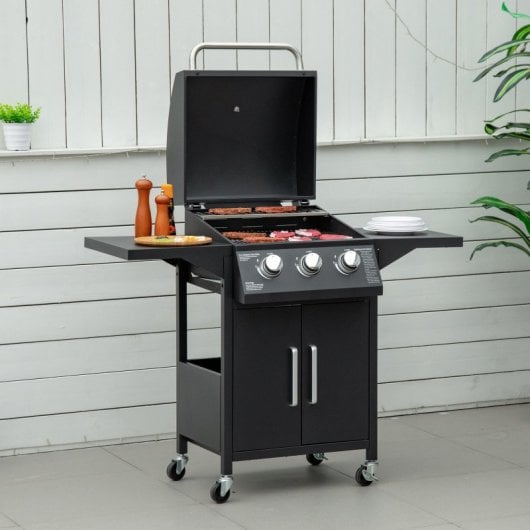 Outsunny Barbacoa De Gas Bbq Con 3 Quemadores 2 Mesas Laterales Armario 4 Ruedas